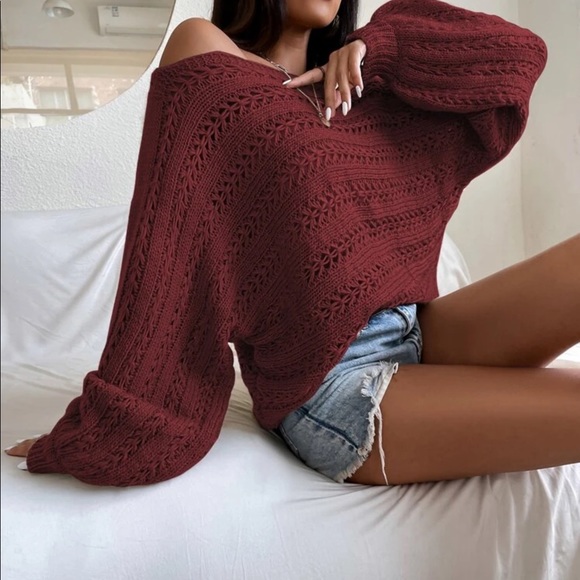BURGUNDY OPEN KNIT LANTERN SLEEVE SWEATER - Picture 4 of 8